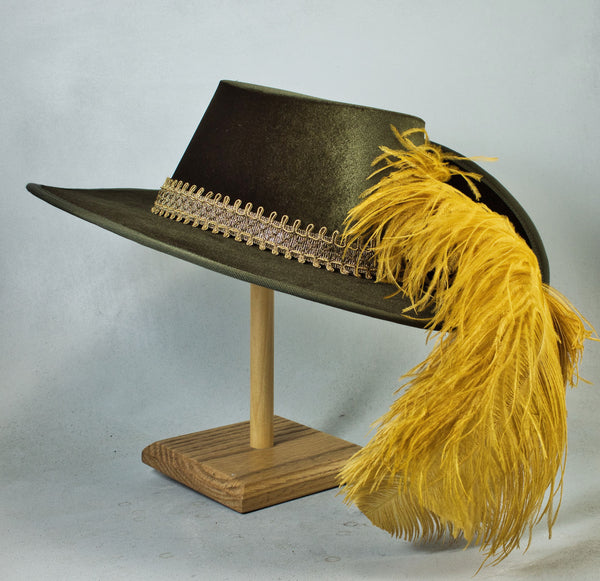 Smooth Velvet Cavalier - Moss / Gold / Antique Gold Or Bone Feathers