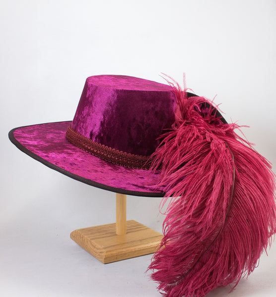 Crushed Velvet Cavalier - Wine / Wine Band / Wine Feathers