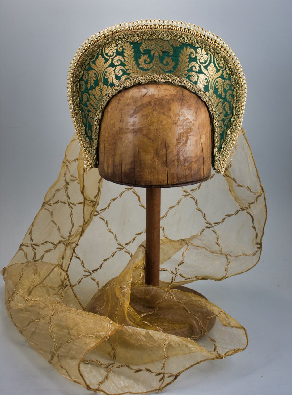 Large French Hood - Green Gold Brocade / Gold Pearl Trim / Gold Veil