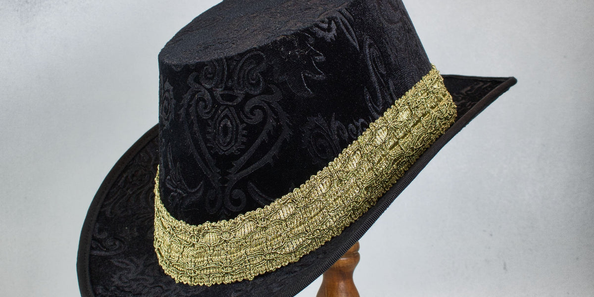 Crushed Velvet Tall Hat - Black Embossed / Gold